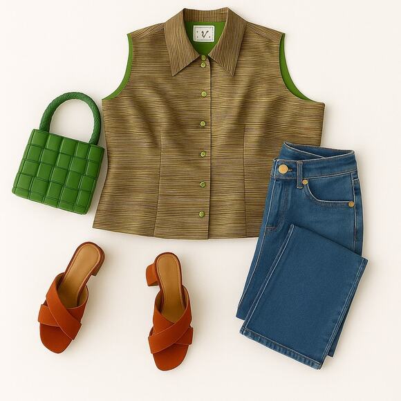 VINTAGE ICE Silk Striped Sleeveless Top | Size 10 | Green | Statement Y2K Formal - Picture 5 of 14